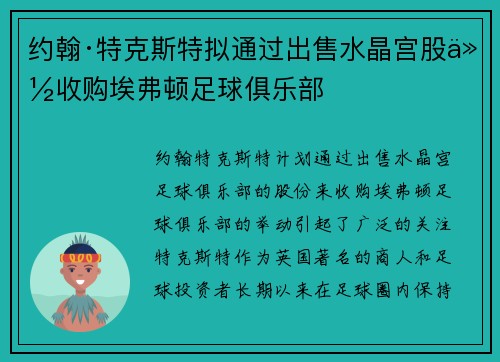 约翰·特克斯特拟通过出售水晶宫股份收购埃弗顿足球俱乐部