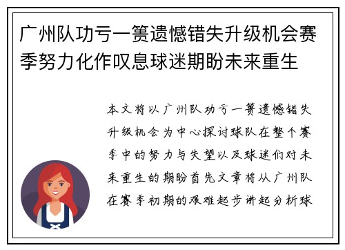 广州队功亏一篑遗憾错失升级机会赛季努力化作叹息球迷期盼未来重生 广州队功亏一篑遗憾错失升级机会赛季努力化作叹息球迷期盼未来重生