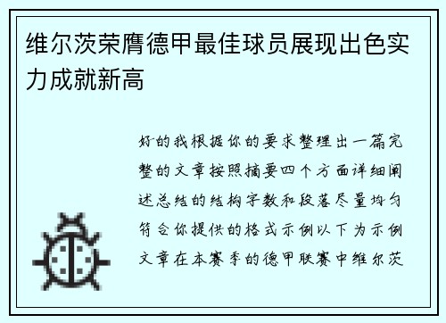 维尔茨荣膺德甲最佳球员展现出色实力成就新高
